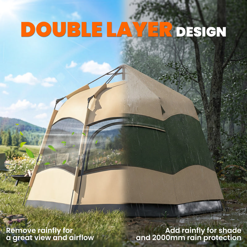 Pop Up 4 Person Camping Tent with Instant Setup and Mesh Windows Khaki and Dark Green
