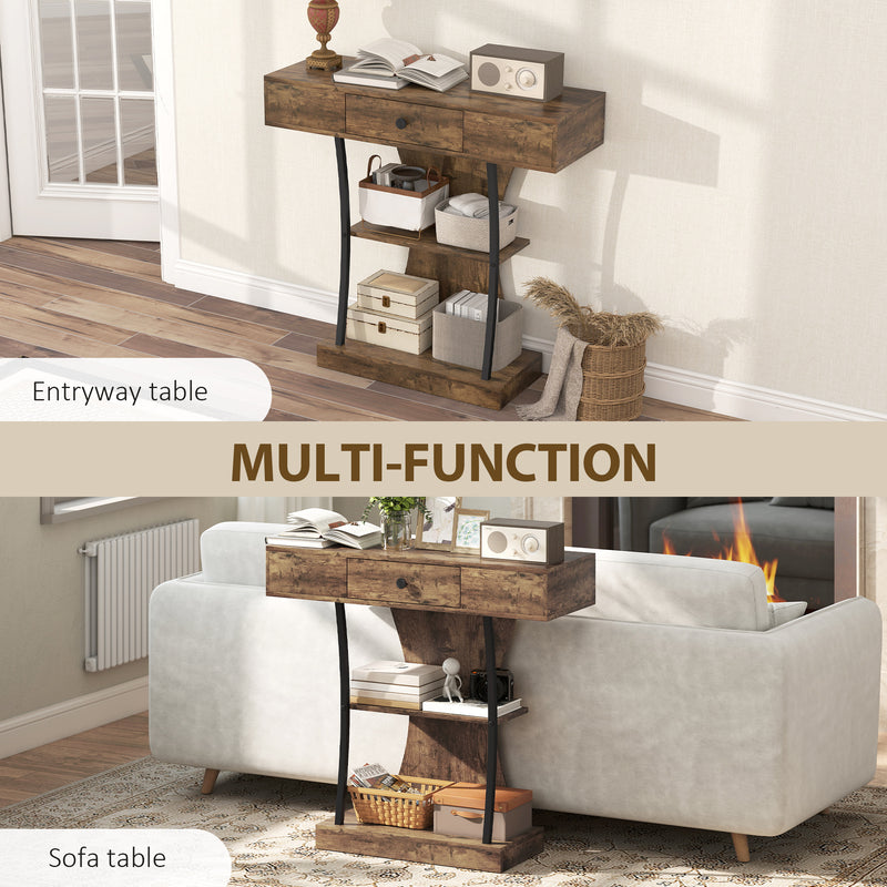 Industrial 3 Tier Console Table with Drawer and Storage Shelves for Hallway Rustic Brown AOSOM
