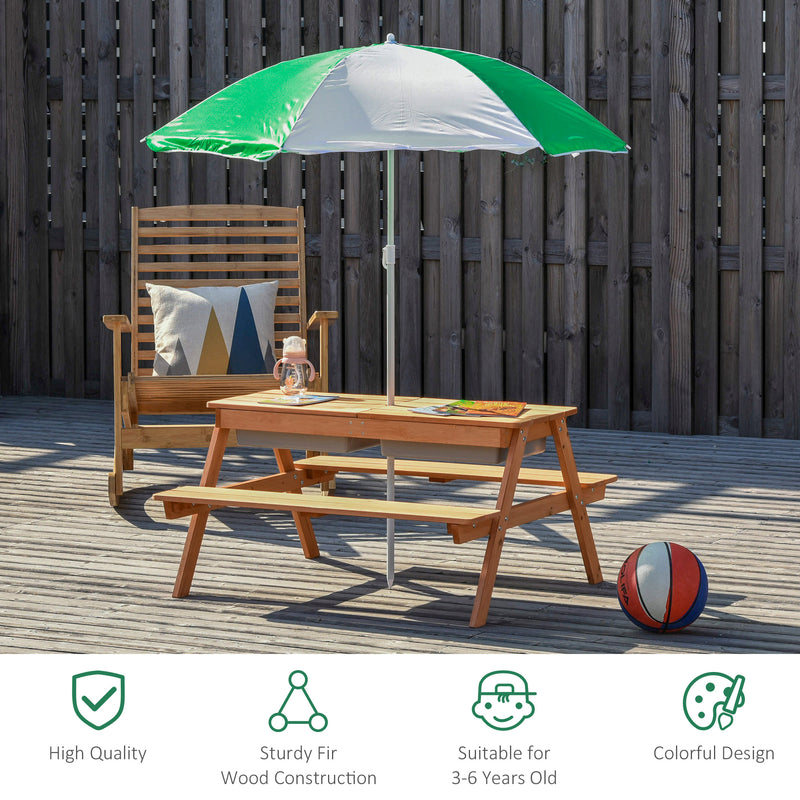Kids Wooden Picnic Table with Benches Sand and Water Play Adjustable Parasol by Outsunny