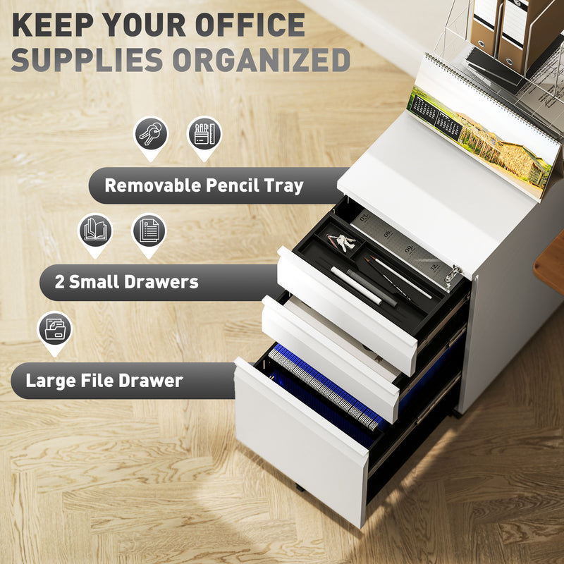 White 3 Drawer Steel Filing Cabinet with Lock and Wheels by Vinsetto