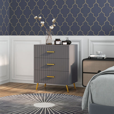 Three Drawer Bedroom Dresser with Embossed Lines for Stylish Storage Grey and Gold