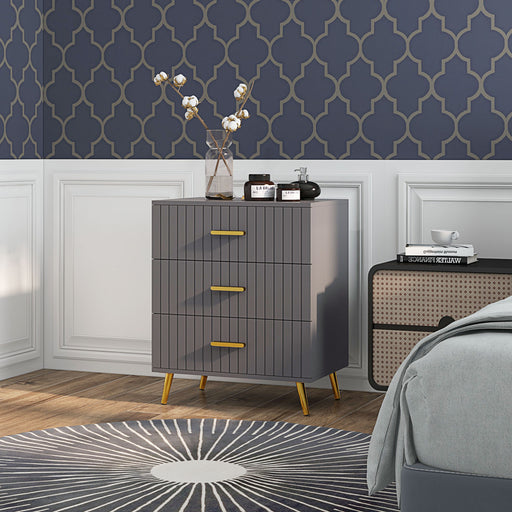 Three Drawer Bedroom Dresser with Embossed Lines for Stylish Storage Grey and Gold