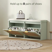 Boho Shoe Storage Bench with Cushion and Flip Drawers for Hallway or Entryway Light Green