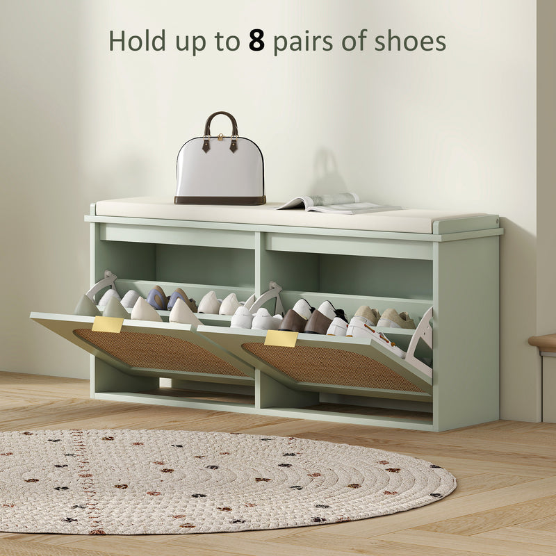 Boho Shoe Storage Bench with Cushion and Flip Drawers for Hallway or Entryway Light Green