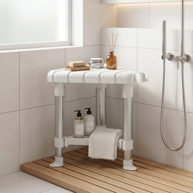 Corner Shower Stool with Adjustable Height and Storage Shelf for Compact Bathrooms White
