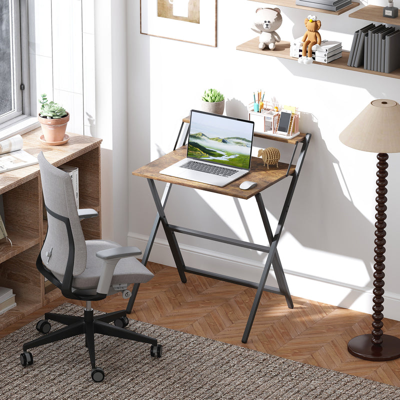Rustic Brown Folding Computer Desk with Monitor Shelf 70 cm Space Saving Design by HOMCOM