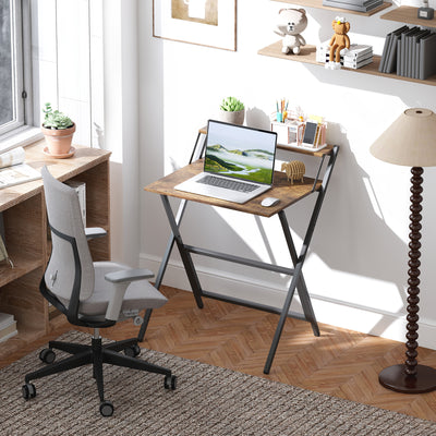 Rustic Brown Folding Computer Desk with Monitor Shelf 70 cm Space Saving Design by HOMCOM