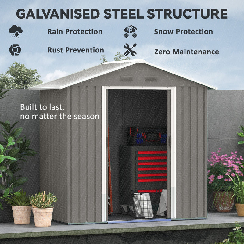 Metal Garden Storage Shed with Double Sliding Doors and Vents for Tools, Grey