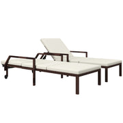 Set of 2 Cream White Rattan Sun Loungers with Adjustable Backrest and Wheels for Garden