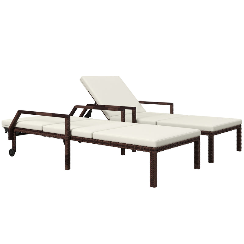 Set of 2 Cream White Rattan Sun Loungers with Adjustable Backrest and Wheels for Garden