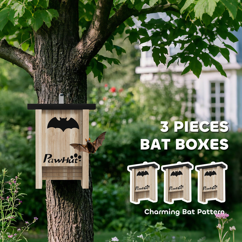 3 Piece Wooden Bat Box Set Easy to Hang for Garden Farm and Outdoor Use by PawHut