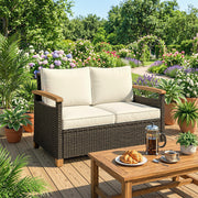 2 Seater Rattan Garden Sofa with Deep Cushions and Acacia Armrests for Comfortable Outdoor Relaxing Brown Cream White Outsunny