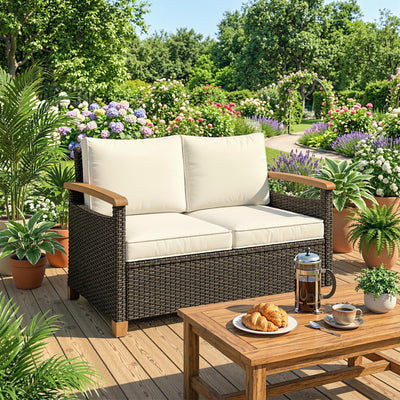 2 Seater Rattan Garden Sofa with Deep Cushions and Acacia Armrests for Comfortable Outdoor Relaxing Brown Cream White Outsunny