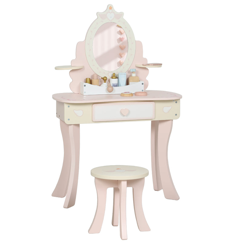 Kids Vanity Dressing Table Set With Mirror Stool Storage And Accessories For Girls Pink