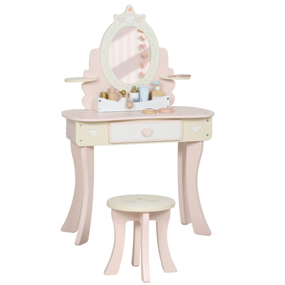 Kids Vanity Dressing Table Set With Mirror Stool Storage And Accessories For Girls Pink AOSOM
