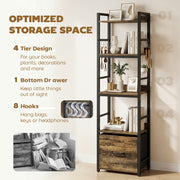 Slim Bookshelf with Drawer and Hooks for Small Spaces and Corners Rustic Brown AOSOM
