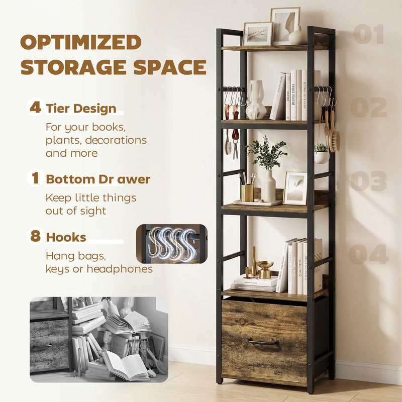 Slim Bookshelf with Drawer and Hooks for Small Spaces and Corners Rustic Brown AOSOM