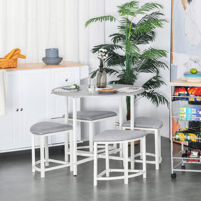 Grey Round Dining Table Set with 4 Upholstered Stools for Modern Kitchen or Dining Room