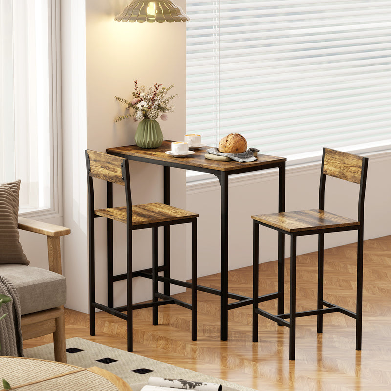 Bar Table Dining Set For Small Spaces - 3 Piece Set with 2 Stools - Industrial Style - Black & Brown Homcom