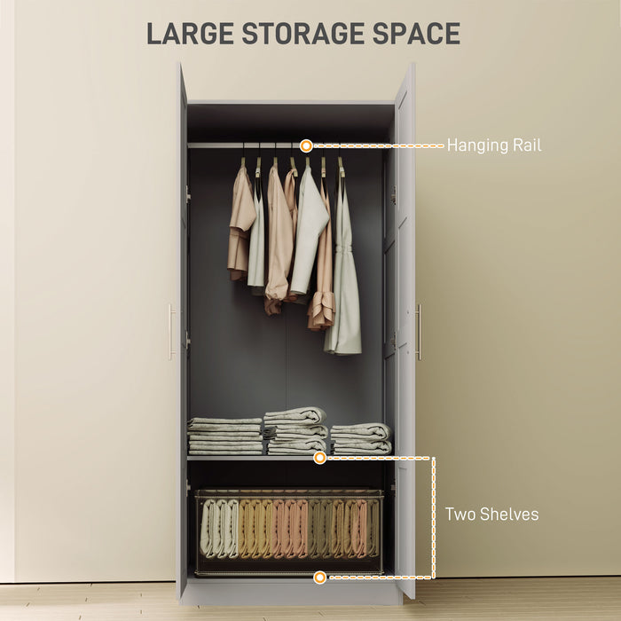 Grey Double Panelled Door Wardrobe with Shelves for Bedroom Storage by HOMCOM