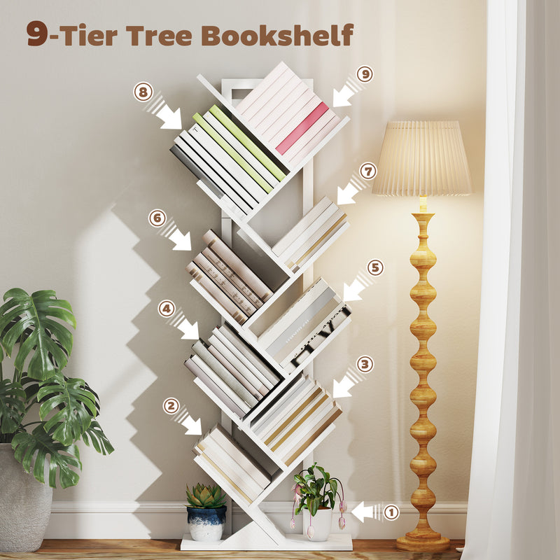 Tree Bookshelf with Eight Sections for Compact Book and Media Storage White AOSOM