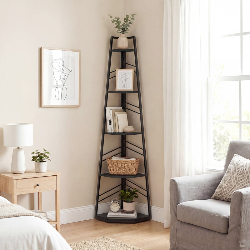 Corner Bookcase with Five Shelves for Space Saving Storage and Display Black AOSOM