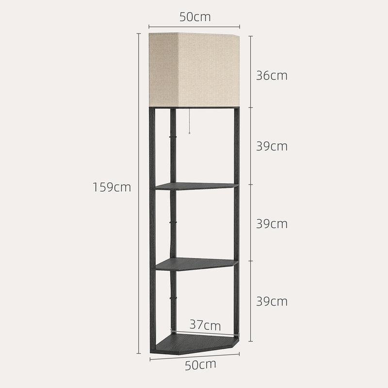 Tall Corner Floor Lamp with Storage Shelves and Chain Switch for Living Room, Black