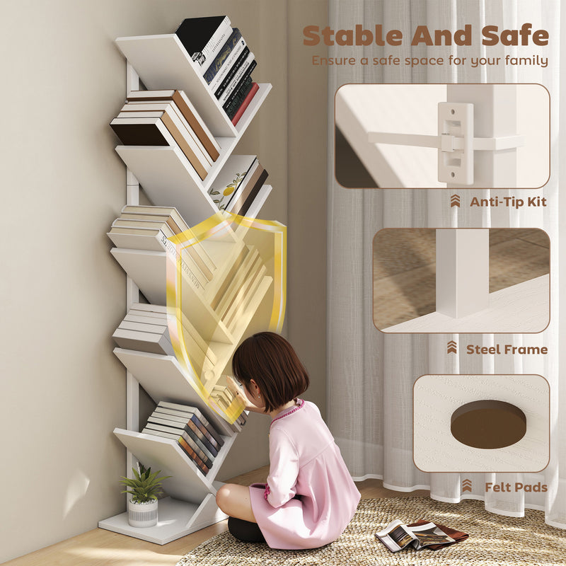 Tree Bookshelf with Eight Sections for Compact Book and Media Storage White AOSOM