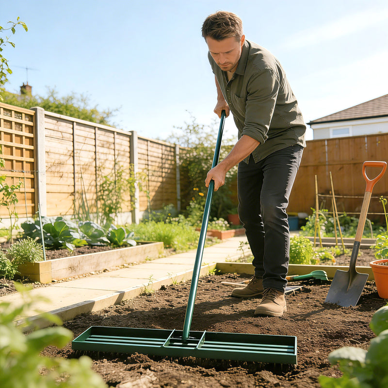 Lawn Levelling Rake for Smoothing Grass and Soil with Wide Head and Adjustable Handle Green