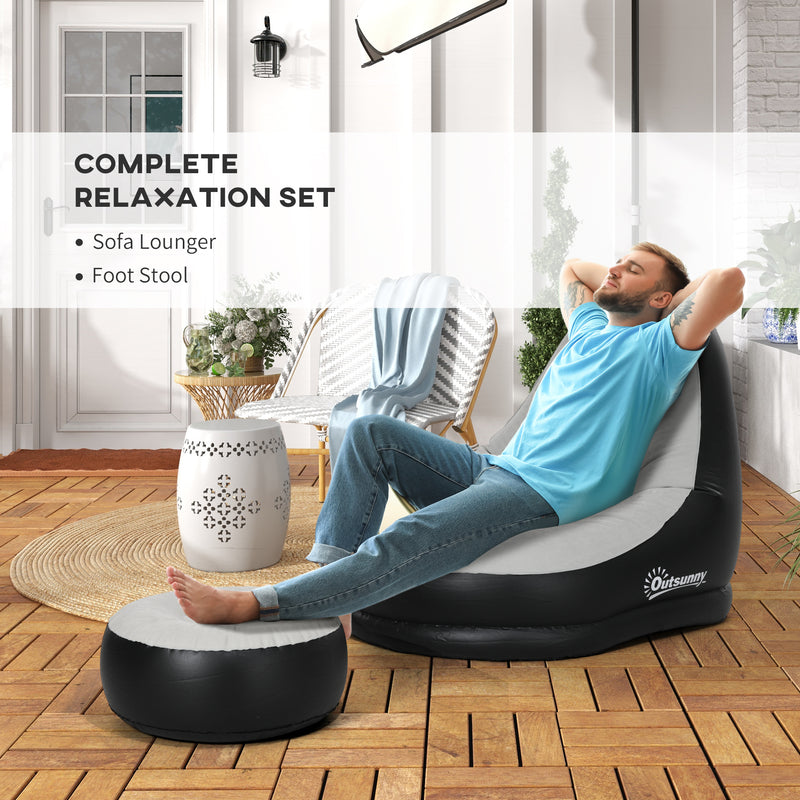 Inflatable Chair and Footstool Set for Easy Extra Seating Indoors or Outdoors Grey and Black