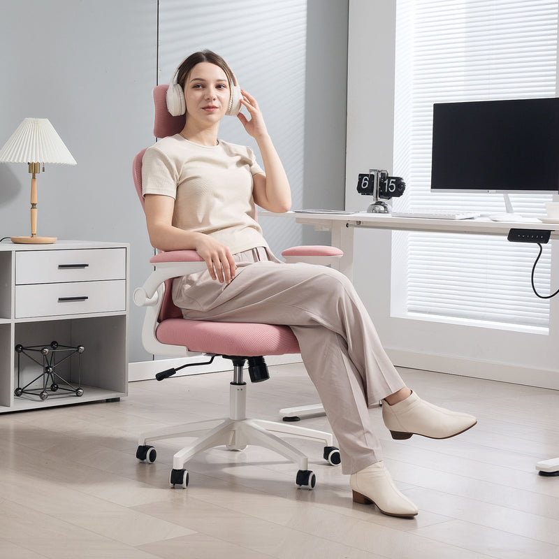 Pink Mesh Office Chair With Lumbar Support and Headrest For Comfortable All Day Work