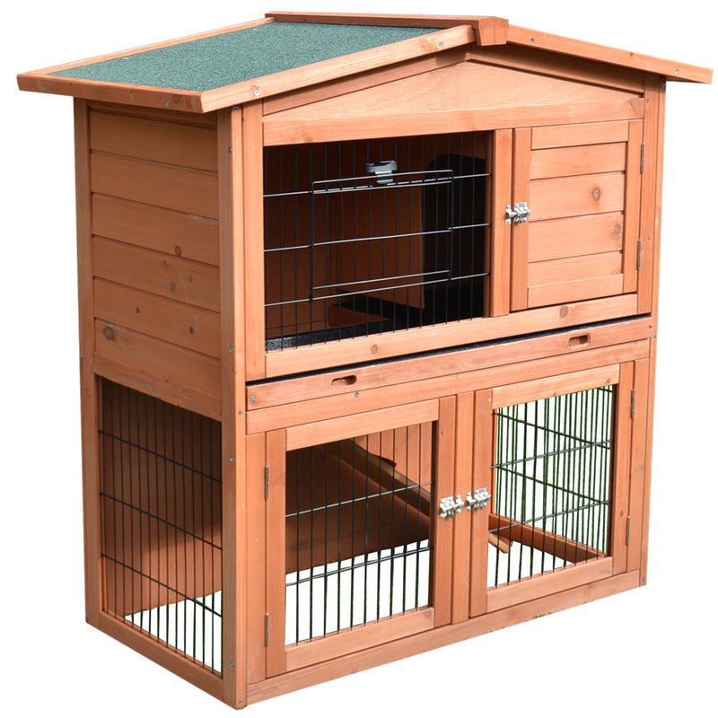 2 Tier Wooden Rabbit Hutch With Slide Out Tray And Ramp For Indoor Or Outdoor Use Brown