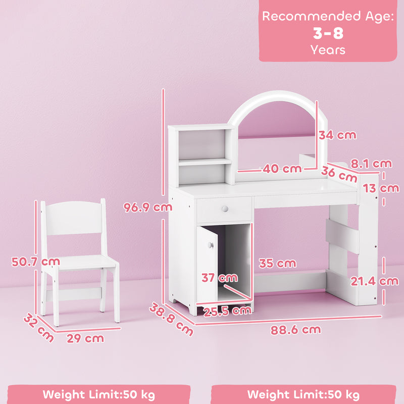 Kids Vanity Table Set with LED Mirror Storage Shelves and Chair for Girls Bedroom White