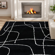 Soft High Pile Washable Area Rug With Geometric Design For Living Room or Bedroom, Black
