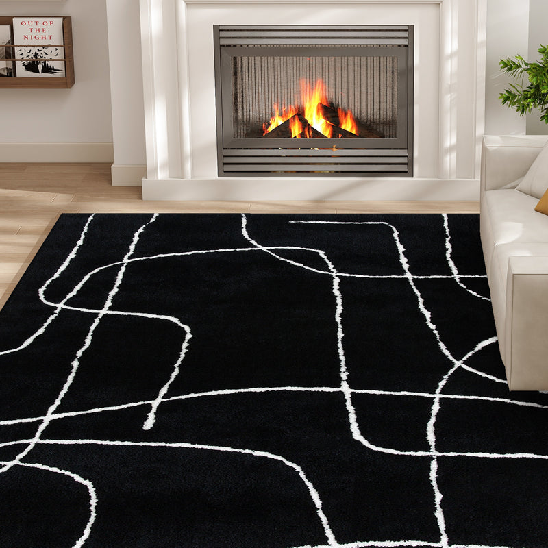 Soft High Pile Washable Area Rug With Geometric Design For Living Room or Bedroom, Black