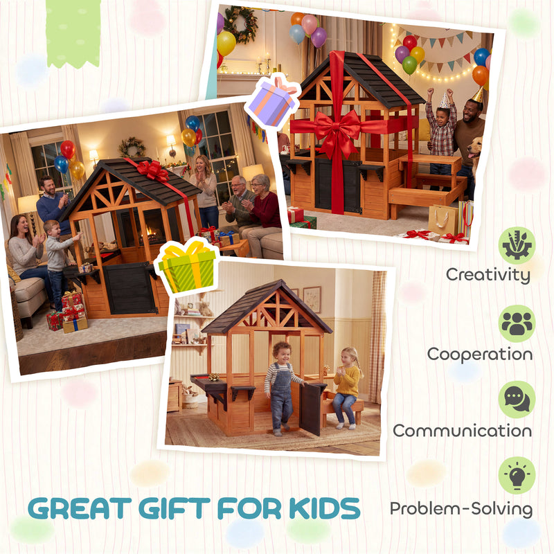 Wooden Outdoor Playhouse With Benches and Snack Bar for Creative Kids Role Play Light Brown Aiyaplay