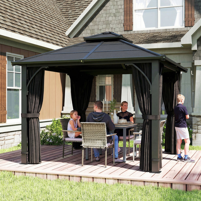 2.5 x 2.5m Garden Gazebo with Polycarbonate Roof and Curtains for Year Round Shelter Dark Grey