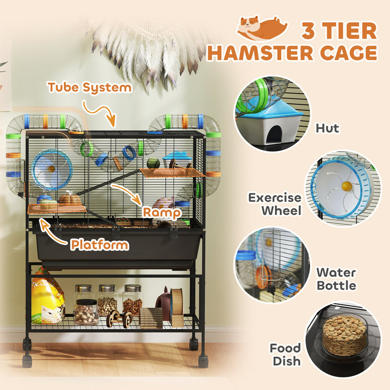 Large 3 Tier Hamster Cage with Wheels Deep Tray and Storage Shelf for Syrian and Gerbil by PawHut