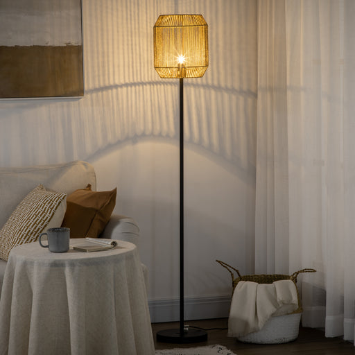 Floor Lamp with Hand Woven Rattan Shade Ideal for Cosy Living Rooms, Natural Brown