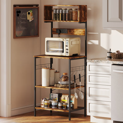 Kitchen Storage Rack with Power Outlet USB Ports Adjustable Shelves and Hooks Rustic Brown
