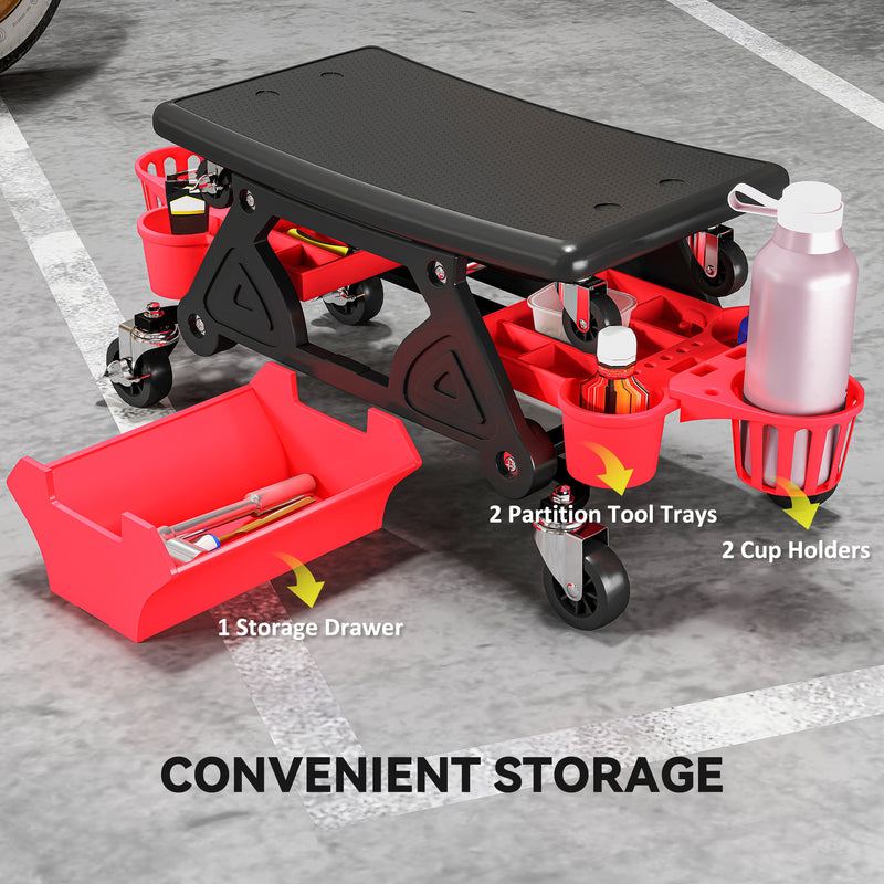 Mechanic Roller Seat with Tool Storage and Swivel Wheels for Garage or Workshop Red AOSOM