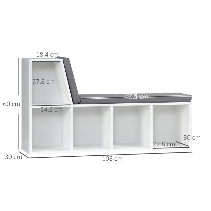 Bookcase Storage Shelf With Padded Reading Seat For Study Or Lounge Use, White