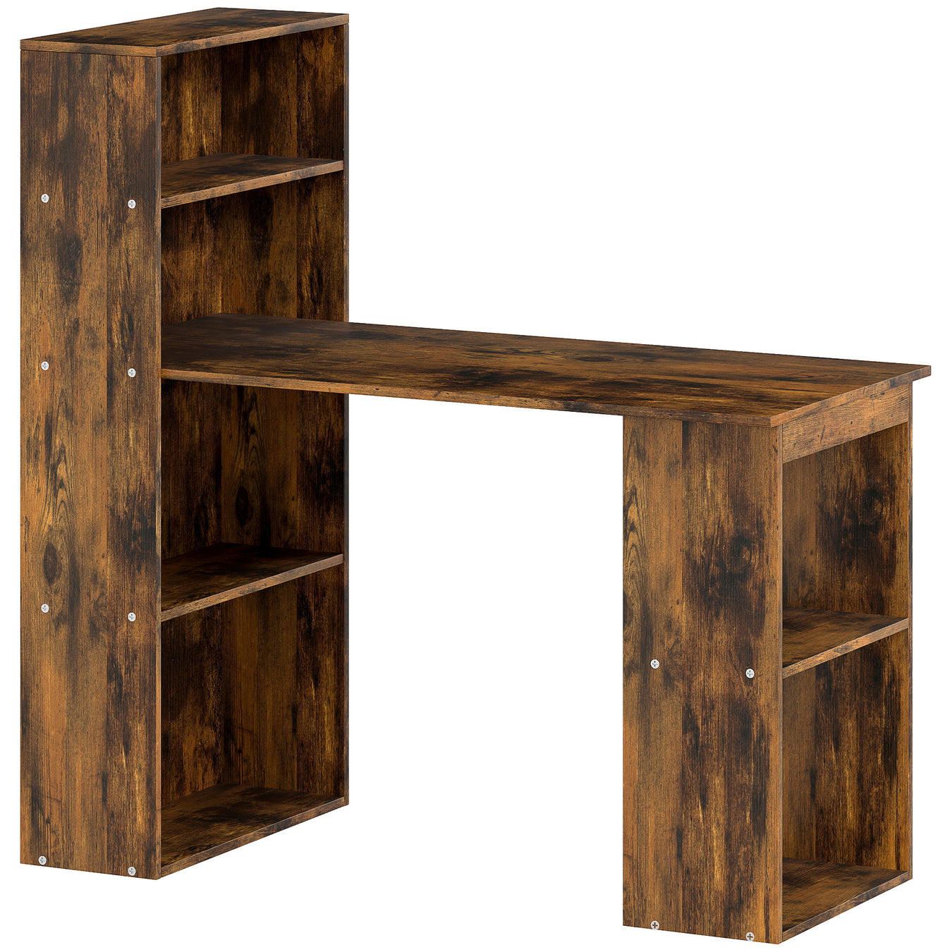 120cm Wooden Computer Desk with 6 Tier Shelves for Home Office or Study, Rustic Brown