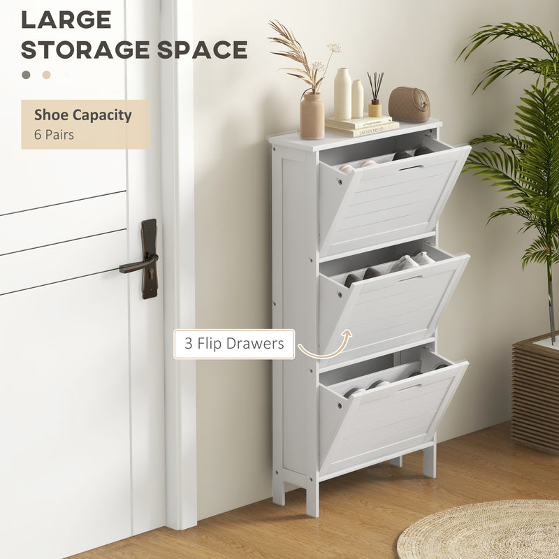 Slim Shoe Storage Cabinet with 3 Flip Drawers Space Saving Design for Hallway, White