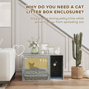 Grey Boho Style Cat Litter Box Enclosure with Rattan Door Scratching Mat and Toy Ball by PawHut