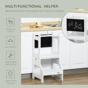 2 in 1 Toddler Kitchen Step Stool with Safety Rail and Chalkboard for Learning, White