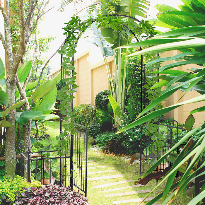 Metal Garden Arbor Arch with Double Doors and Planter Baskets Black by Outsunny