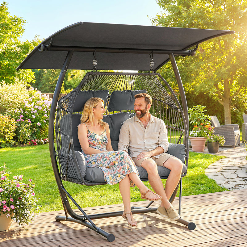 Double Hanging Egg Chair with Canopy & Cushions for Outdoor Relaxation - Patio or Garden Use - Grey