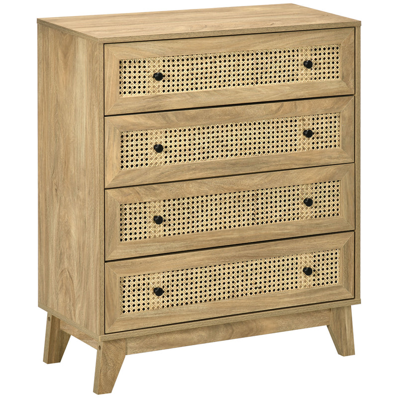 4 Drawer Storage Cabinet With Rattan Fronts Ideal For Bedroom Or Lounge, Wood Effect