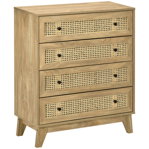 4 Drawer Storage Cabinet With Rattan Fronts Ideal For Bedroom Or Lounge, Wood Effect